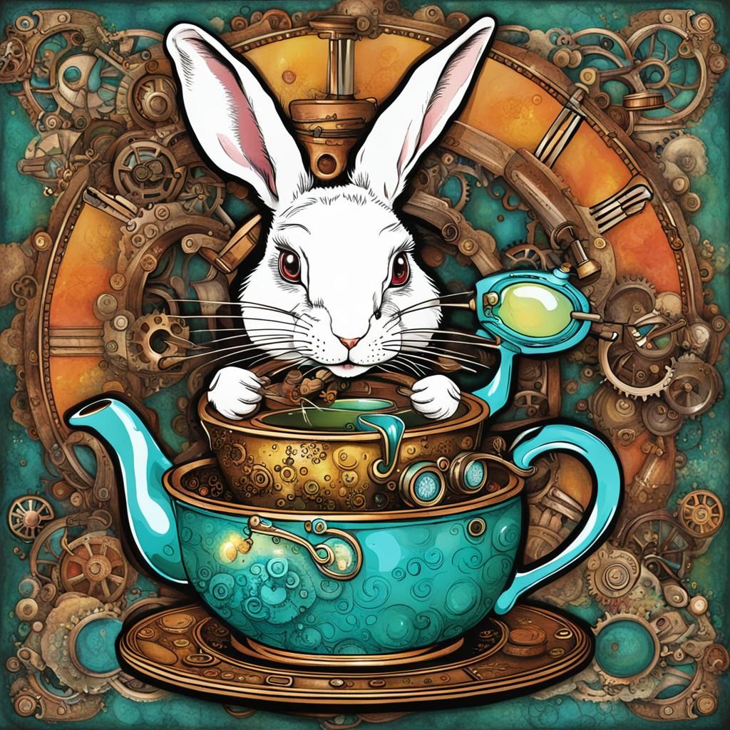 White Rabbit Pouring Tea with Steampunk Engine