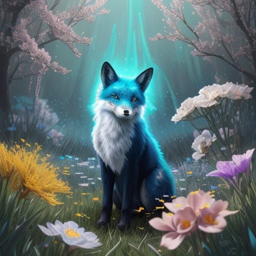 Bioluminescent Fox with Mosaic Fur in Alcohol Ink Style