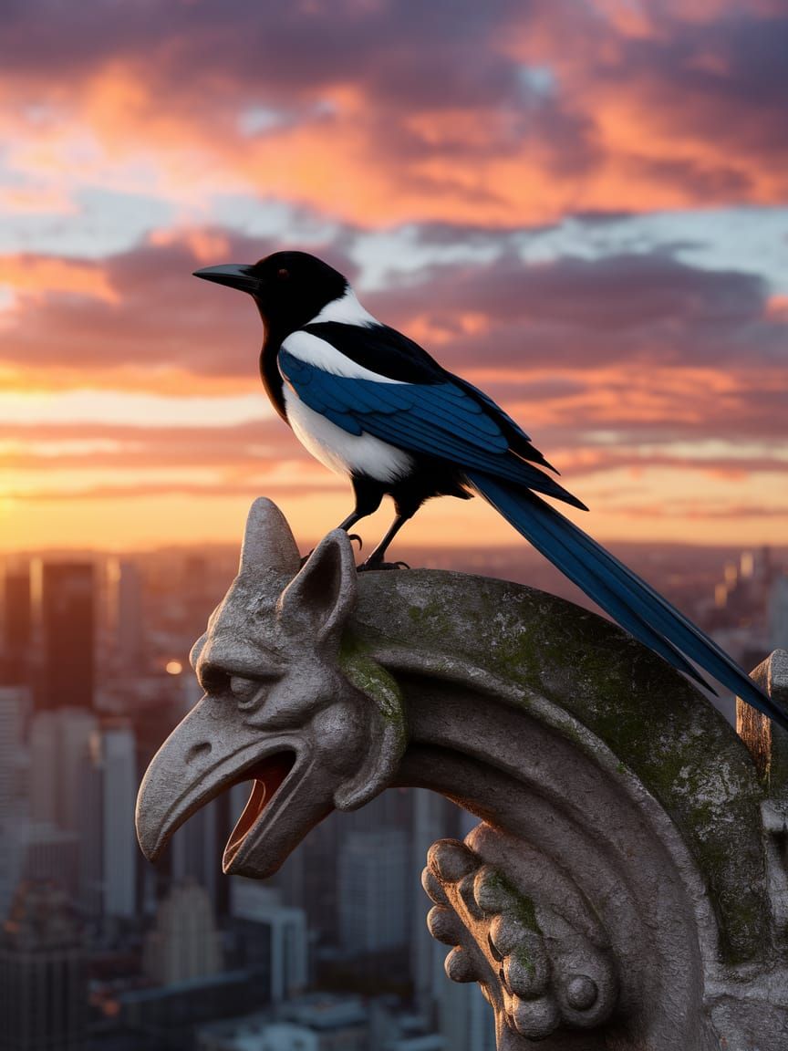 Magpie on Gargoyle Overlooking Sunset Cityscape