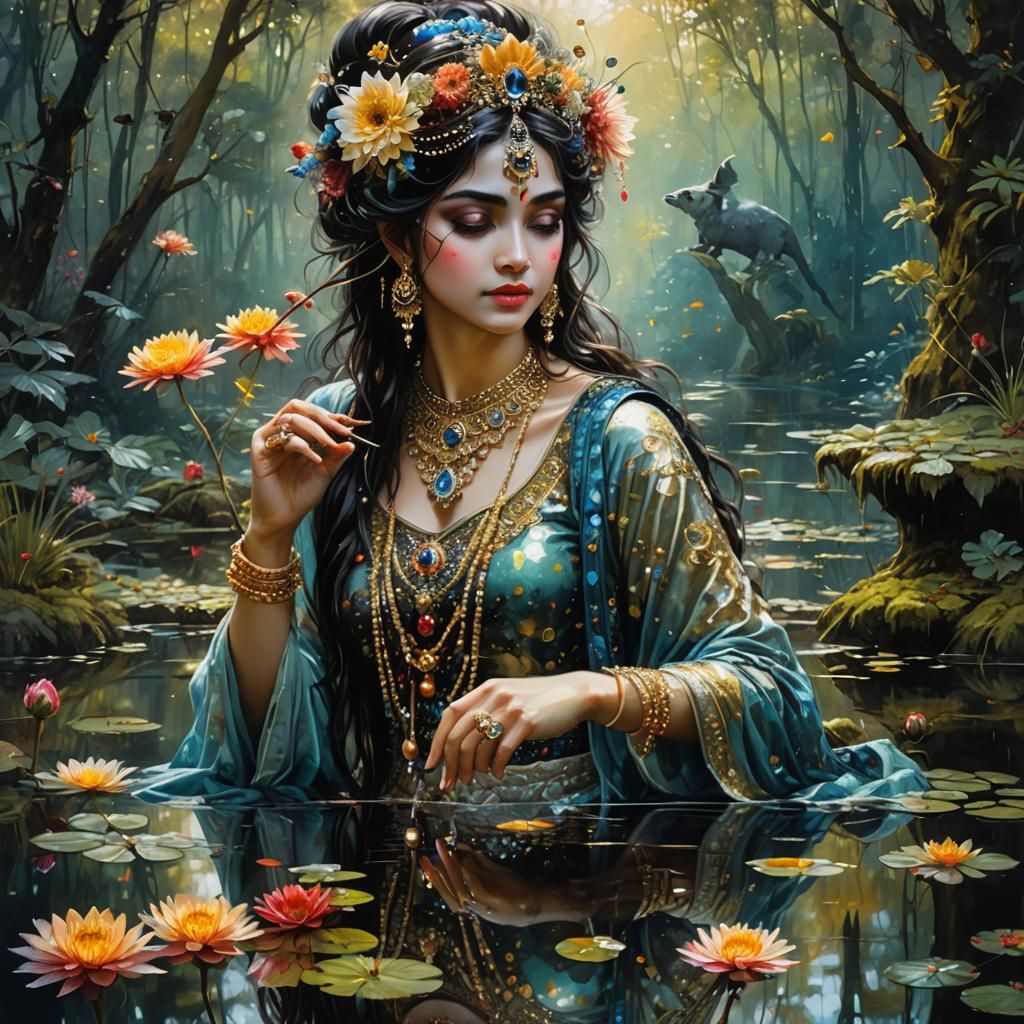 Ornate Lord Krishna in Mirrored Reflection: Dark Fantasy