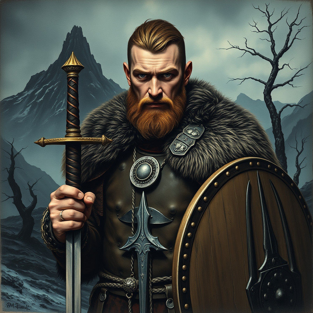 Viking Warrior in Nordic Landscape as Oil Painting