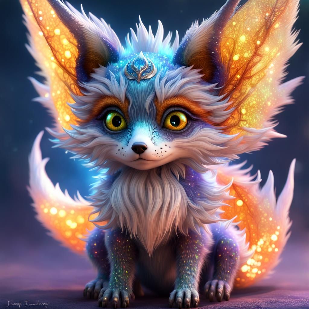 Winged Baby Fox Dragon with Sparkling Eyes