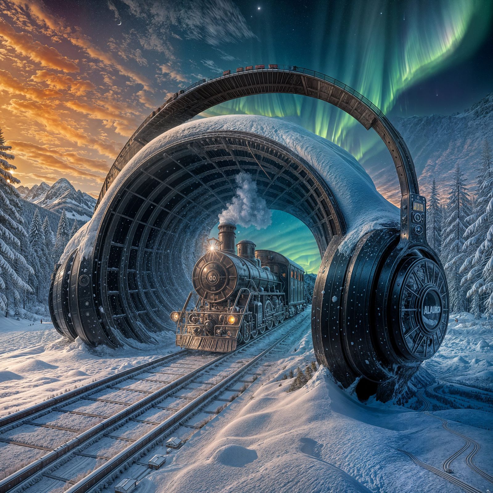 Surreal Headphones Tunnel with Steam Train in Winter Landsca...
