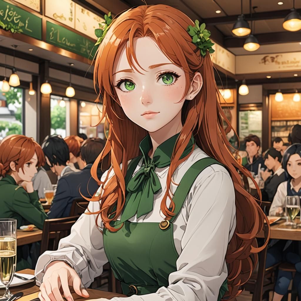 Anime Girl with Ginger Hair in Restaurant