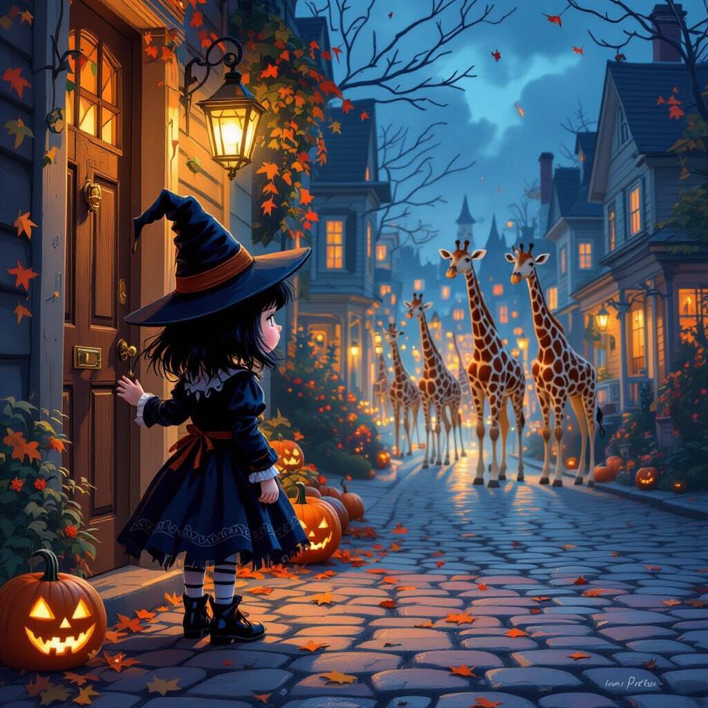Witch Girl Knocks, Giraffes Watch in Halloween Scene