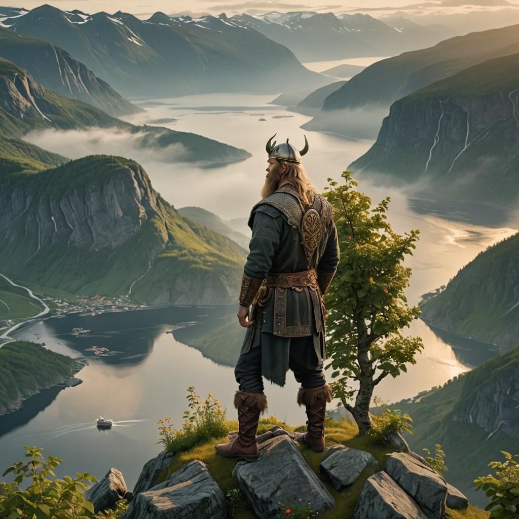 Viking in Fjord: Norwegian Romanticism Painting