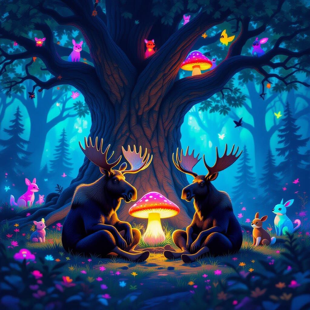 Moose and Demon Share Mushroom in Psychedelic Forest