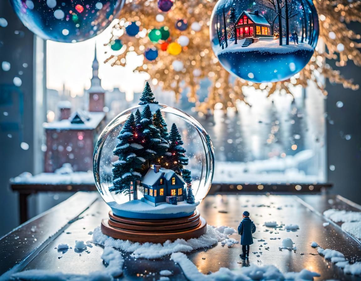 Artist Gazing into Laser-lit Snow Globe