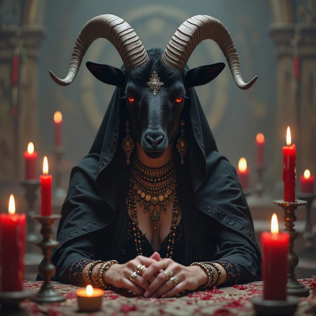 Goat-Headed Woman in Dark Ritual: Surreal Horror