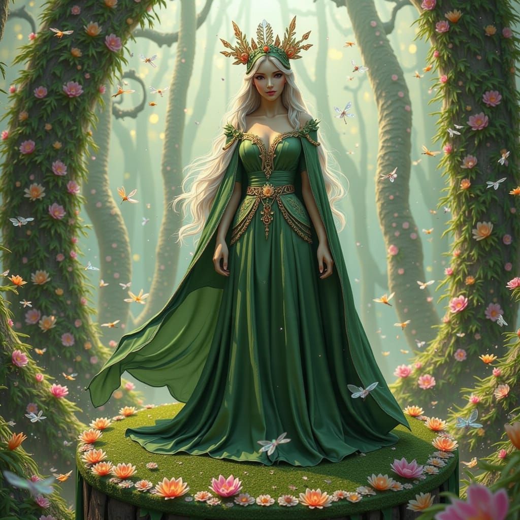 Seelie Fae Queen on Floral Dais in Ethereal Style