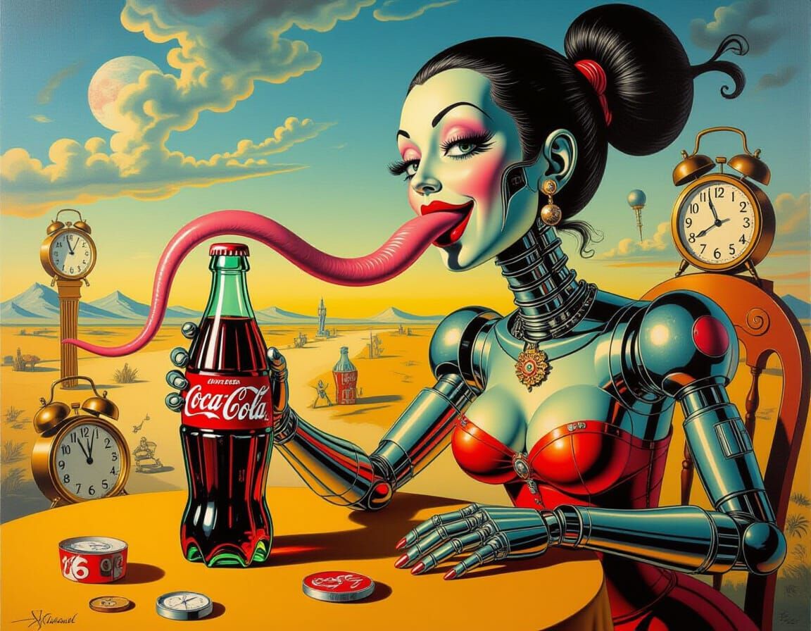 Surreal Robotic Woman Reaching for Coca-Cola, Dali Style