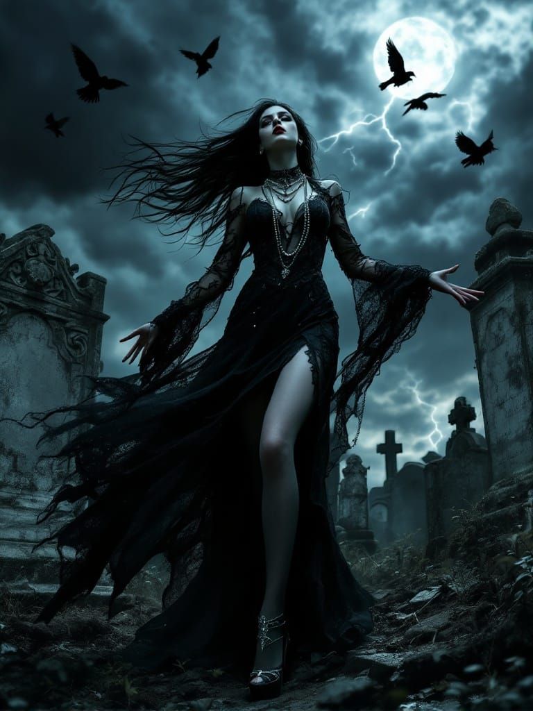 Gothic Woman Summoning Darkness Amidst Crumbling Headstones