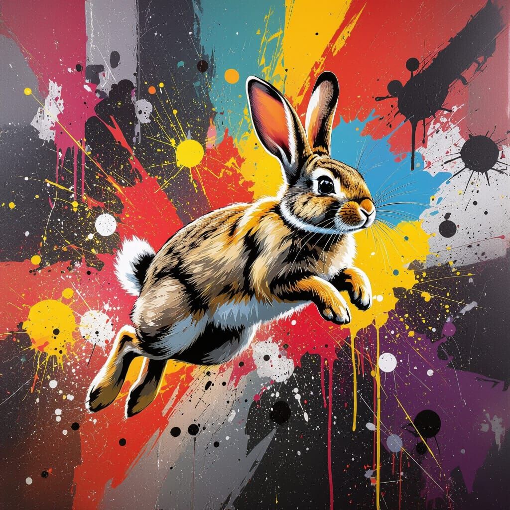 Energetic Rabbit Mid-Leap in Abstract Paint Splatter Art