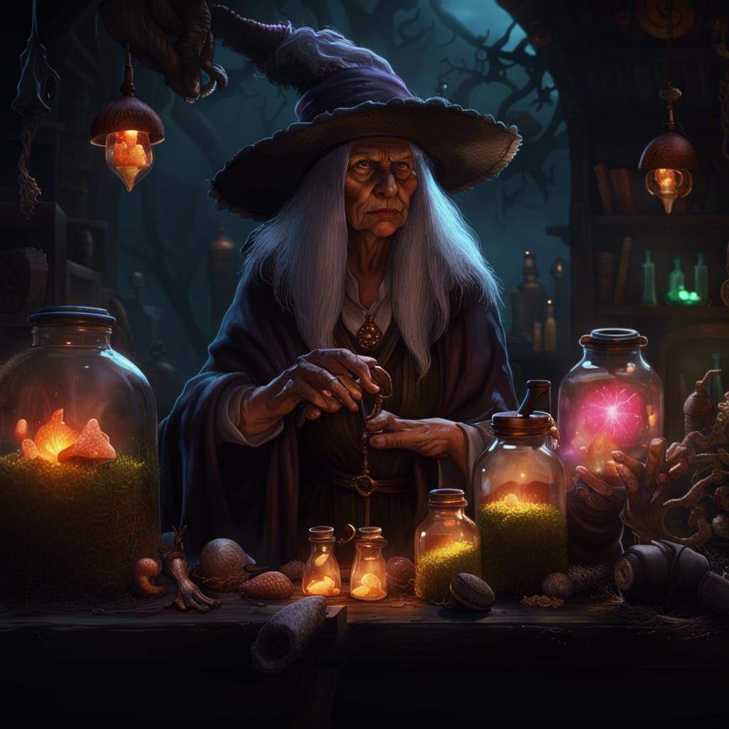 Enchanting Witch Selling Magic Potions, Detailed Fantasy Art