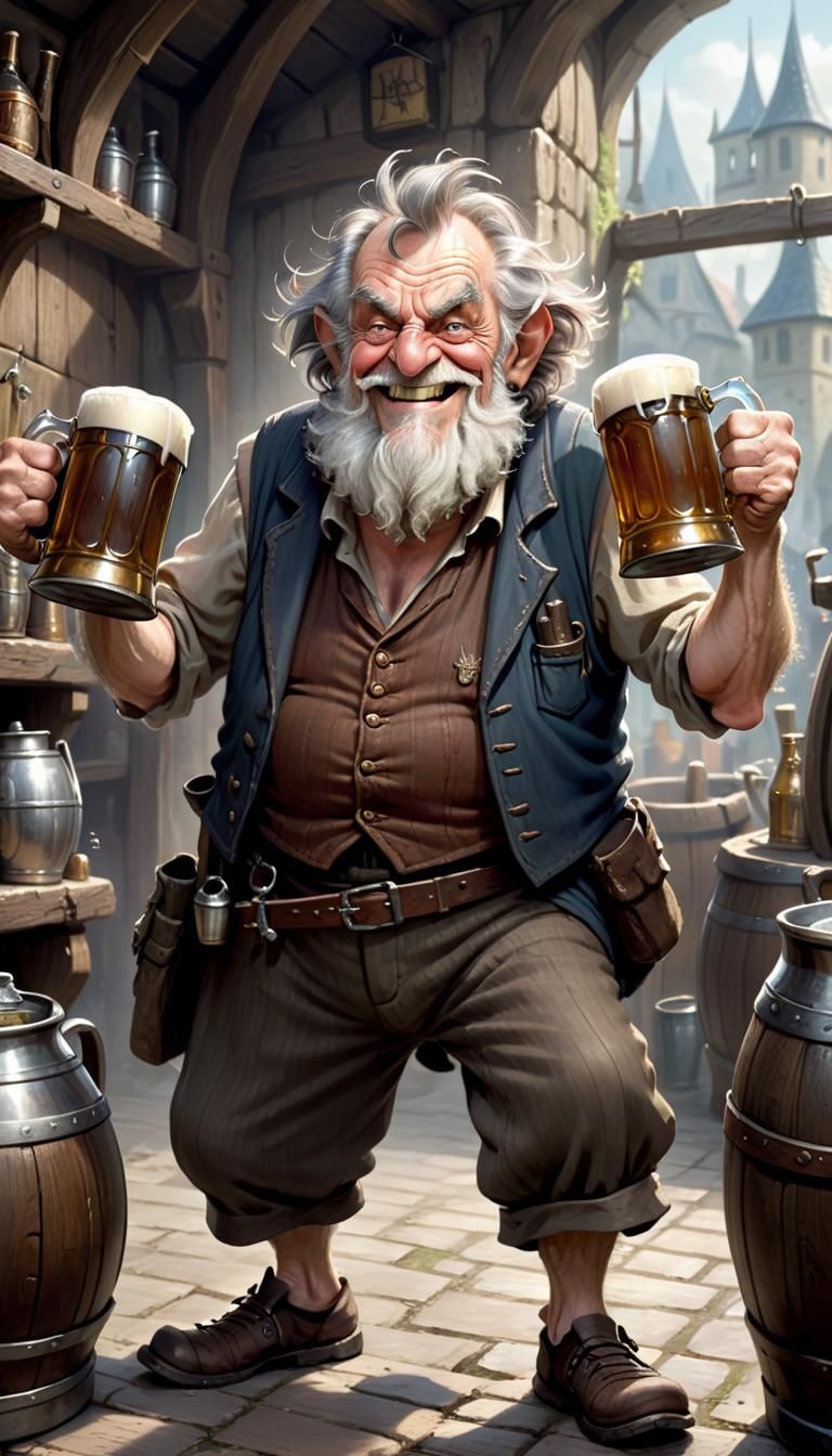 Grinning Tramp Cheers with Tankards of Ale