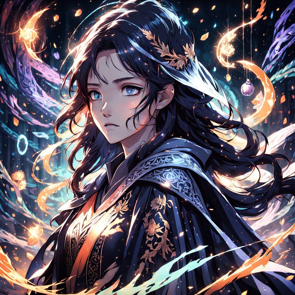 Sorrowful Young Mage in Iridescent Glow, Anime-Style Dark Fa...