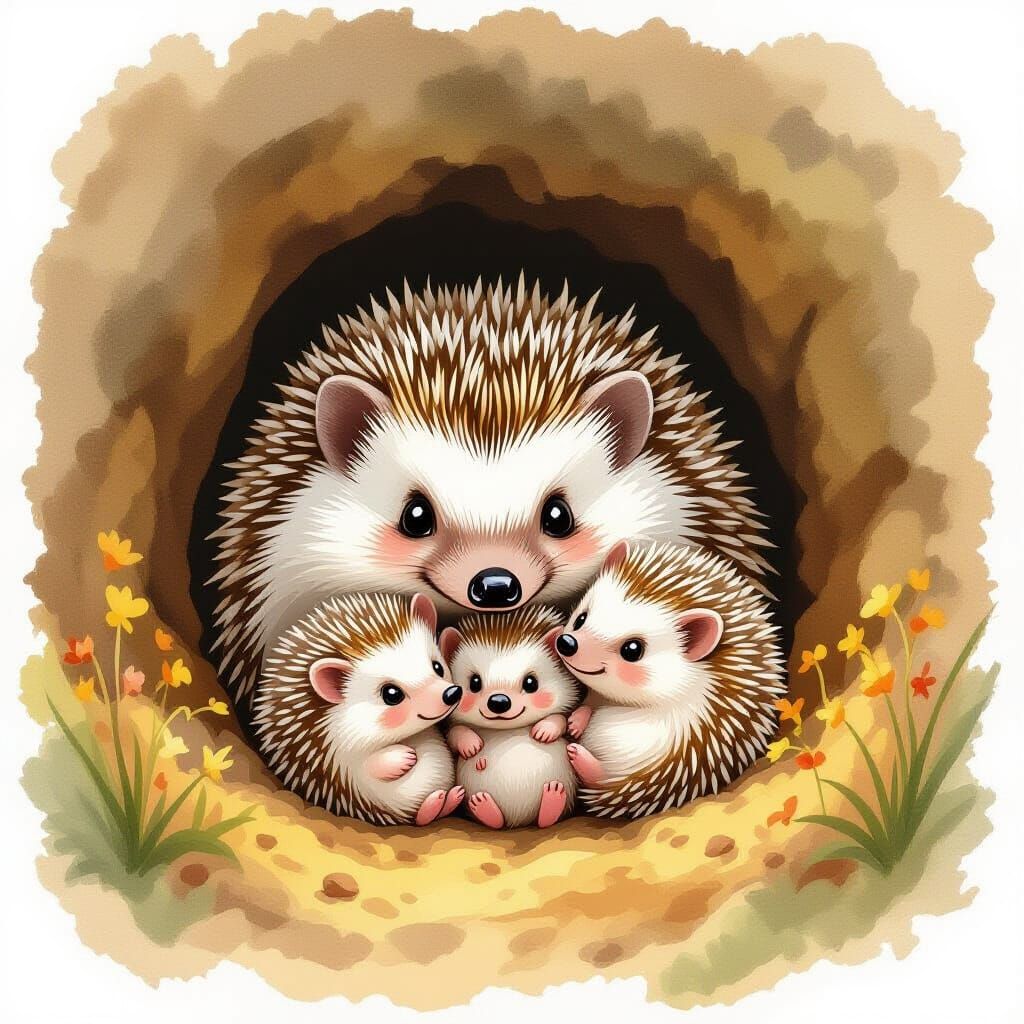 Hedgehog Family in Cozy Burrow Storybook Illustration