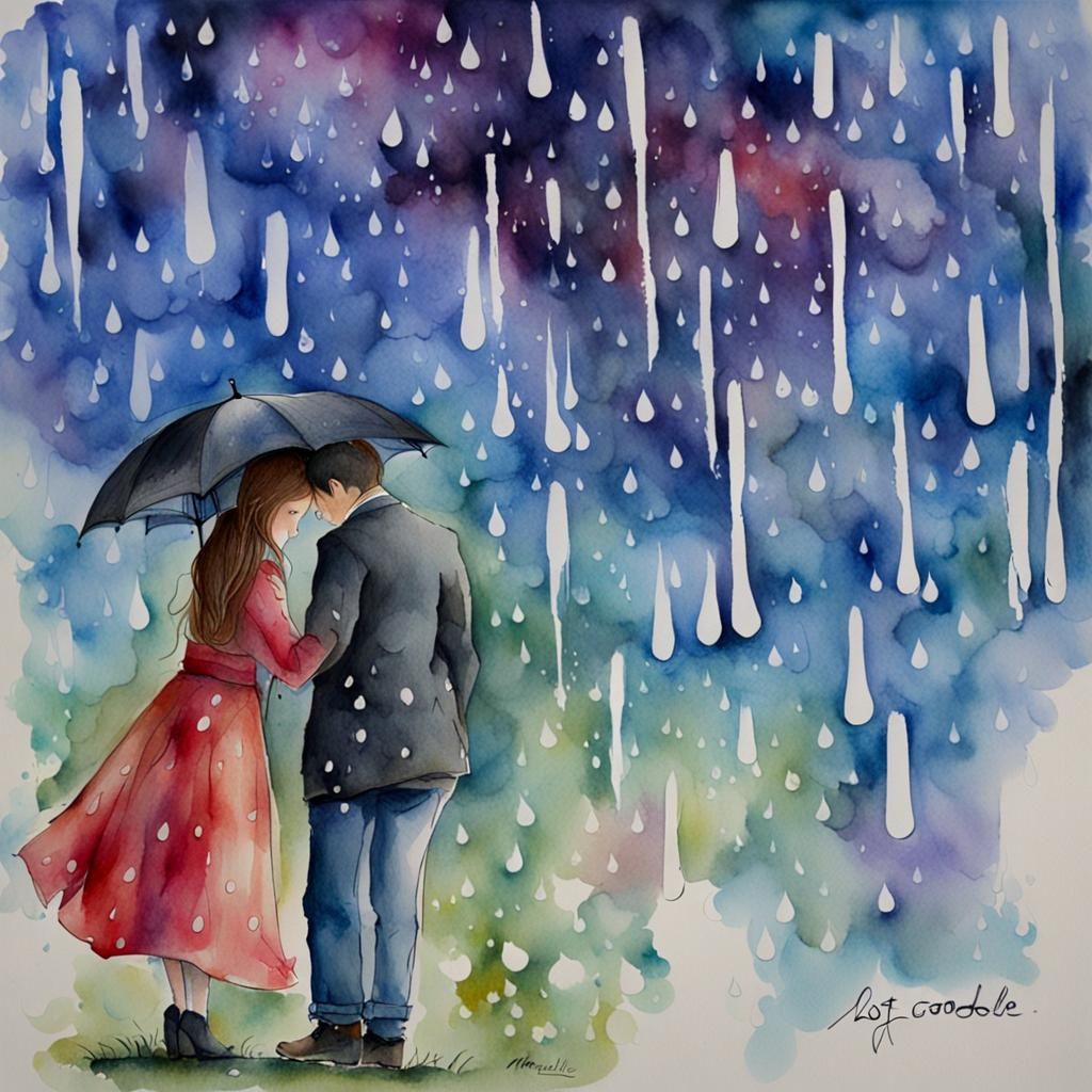 Melancholic Goodbye in Rain: Watercolor Art