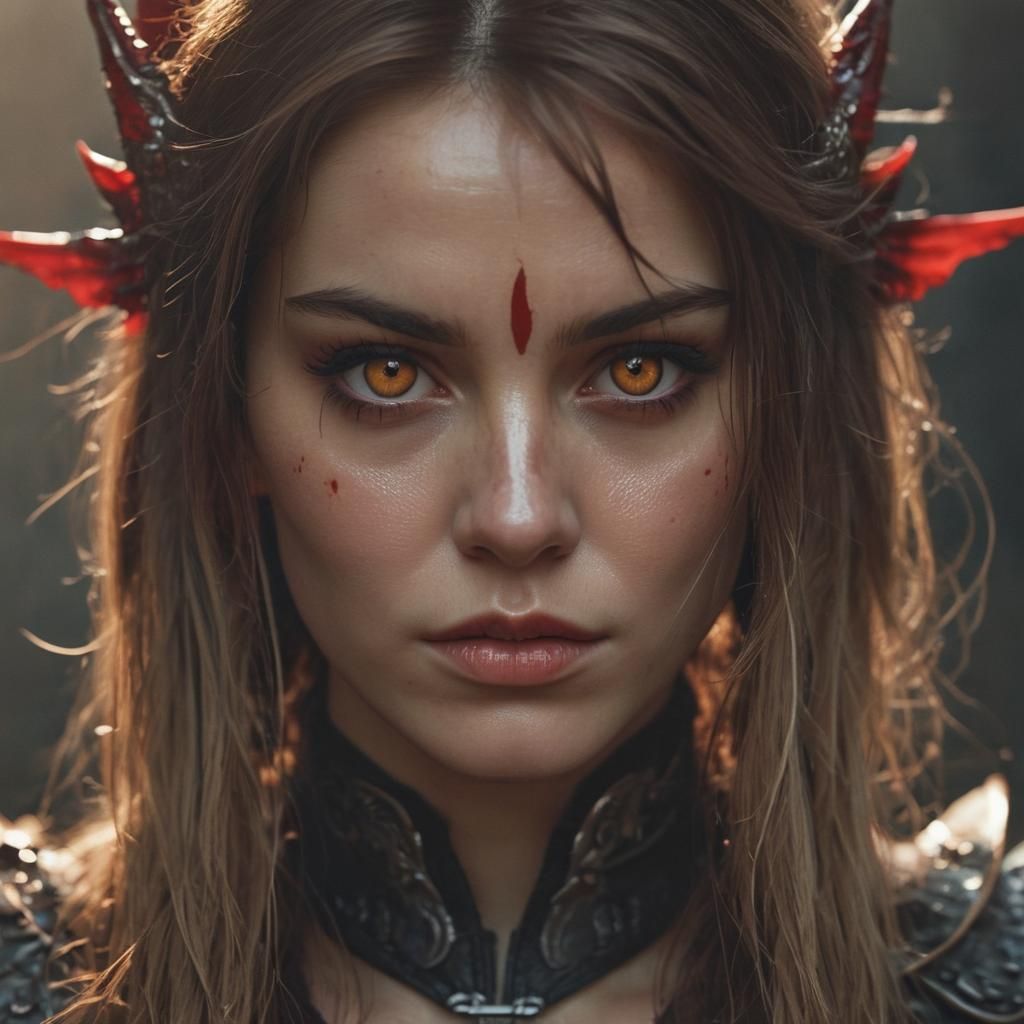 Dragon Lady Portrait with Red Eyes and Golden Light