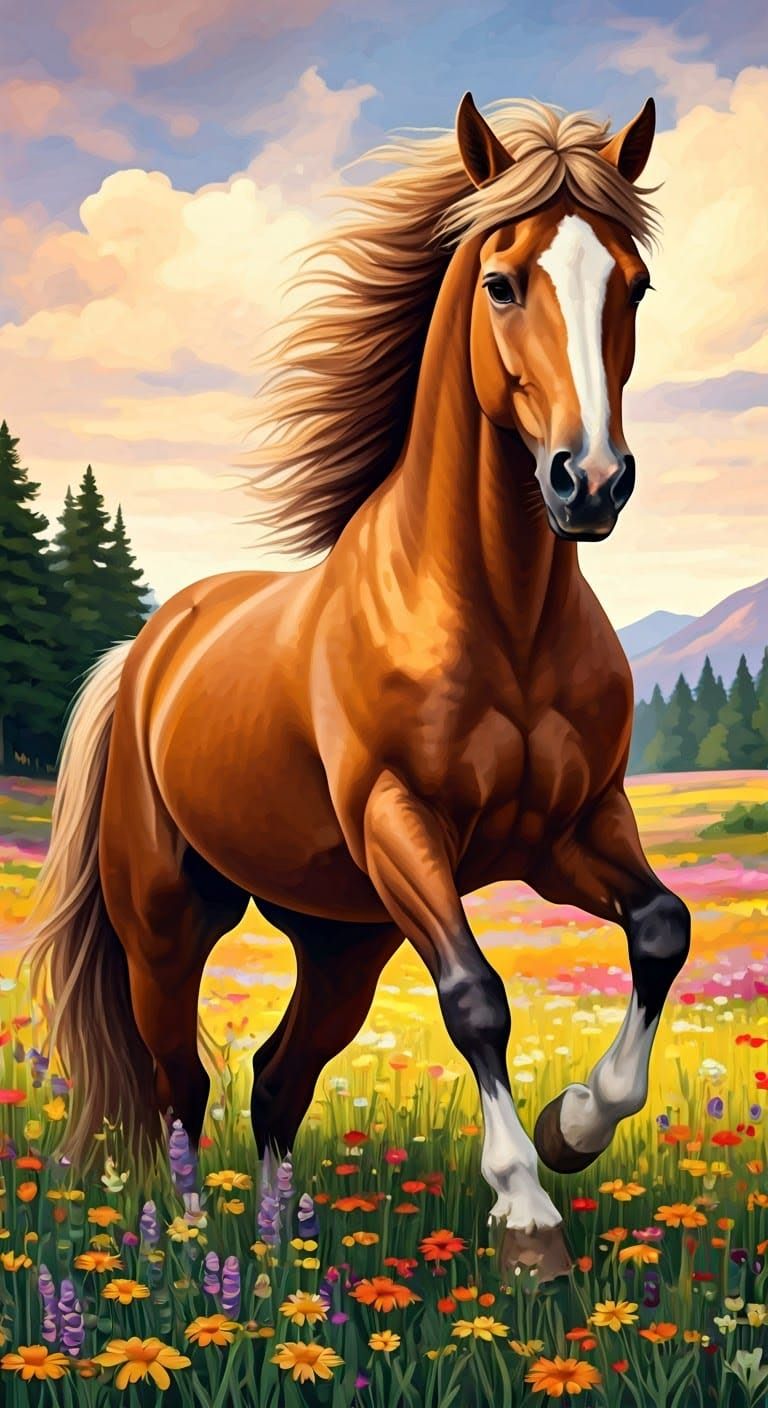 Majestic Horses Jumping in Vibrant Meadow as Watercolor