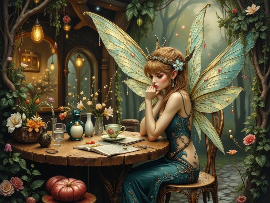 Charming Fairy at Rustic Cafe in Enchanting Flora