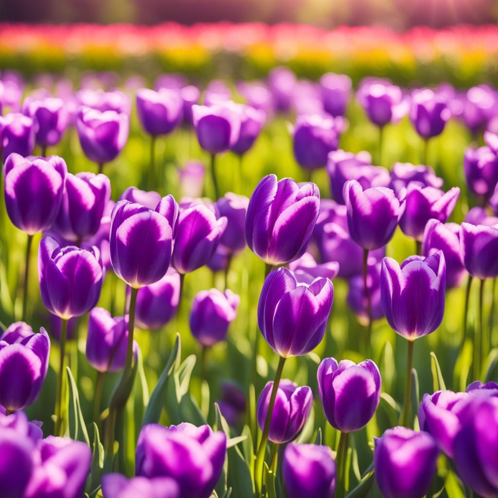 Fresh Purple Tulips in Sunny Field: Floral Photography