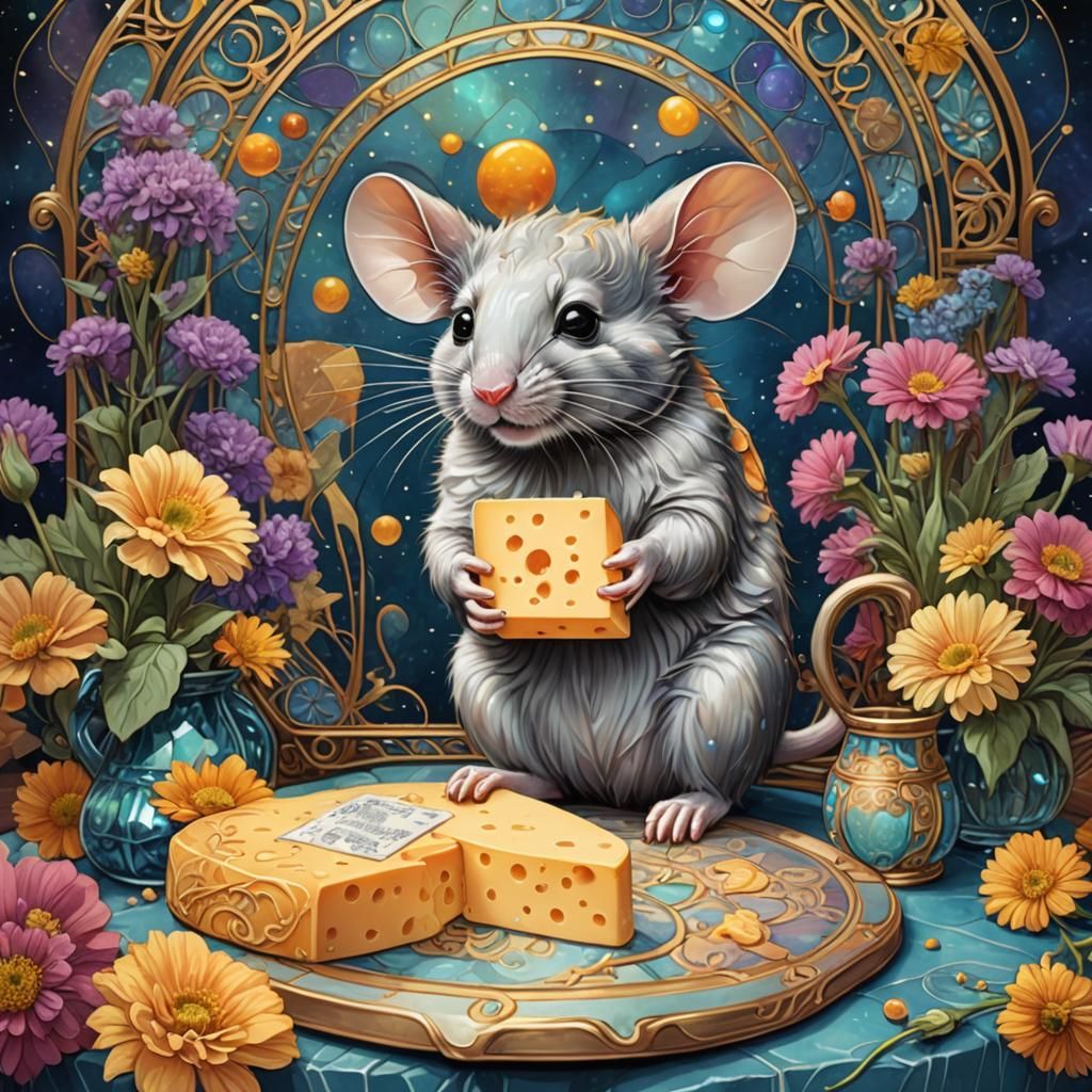 Art Nouveau Mouse with Cheese Illustration
