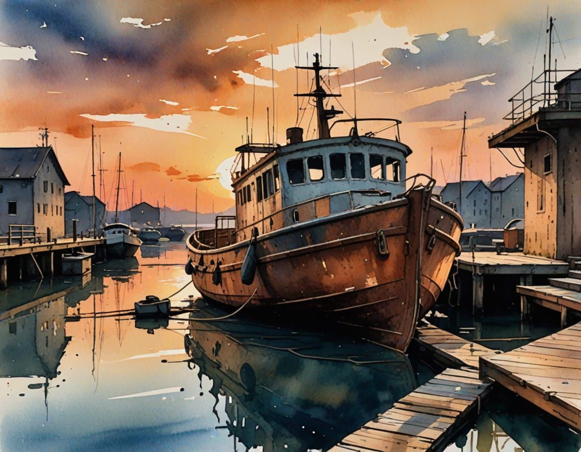 Rusted Boat at Dock: Expressionist Sunset Scene