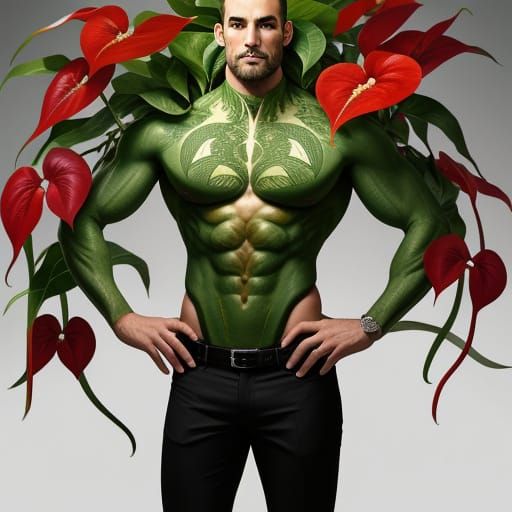 Surreal. A beefcake with an anthurium flower growing from between his legs.
