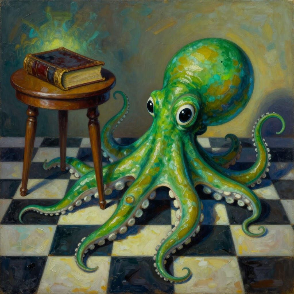 Surreal Emerald Octopus Rolls Past Mystical Tome