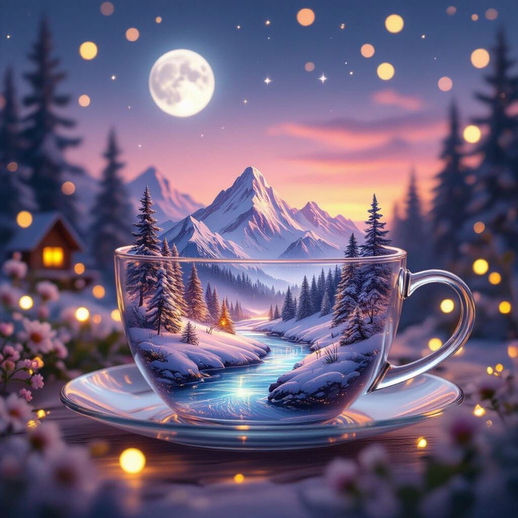 Magical Miniature World Inside a Glowing Teacup