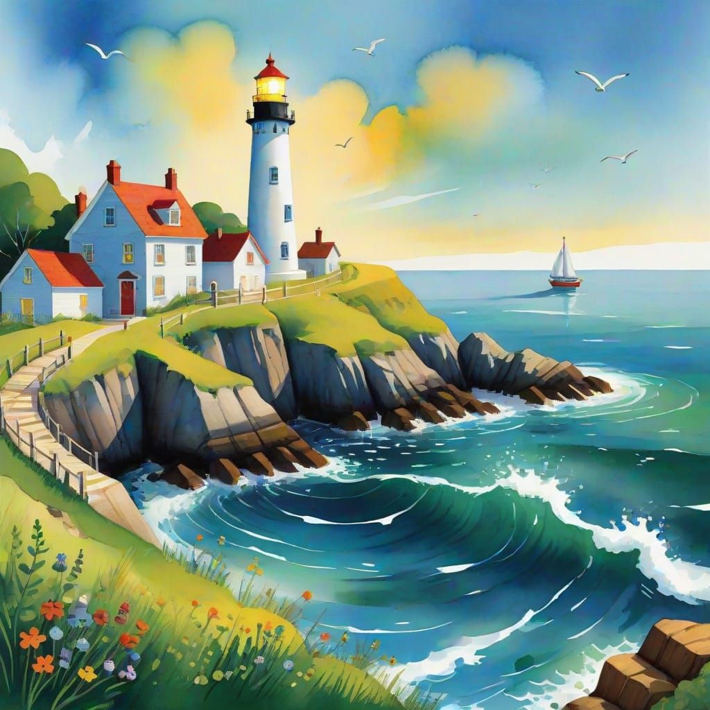 Whimsical Coastal Scene in Eric Carle Style