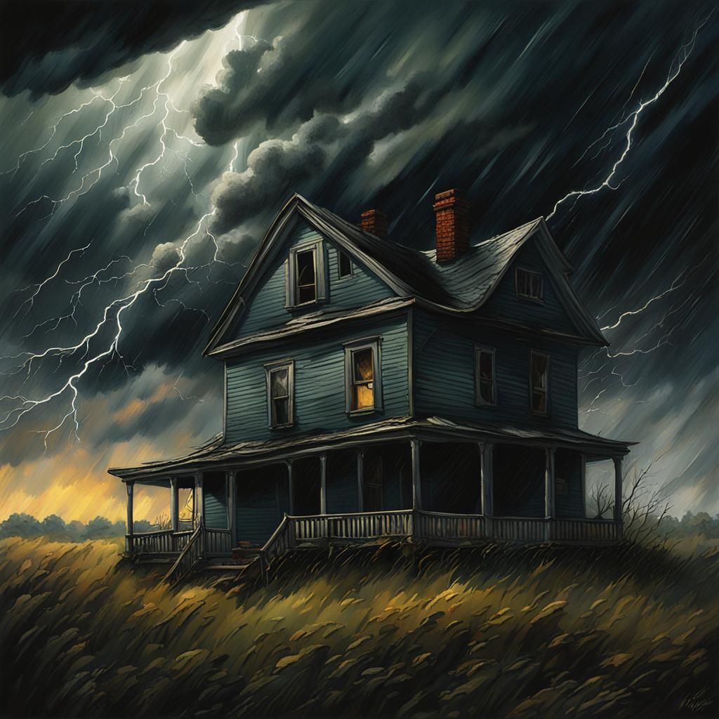 A violently raging storm envelops a quaint childhood home.