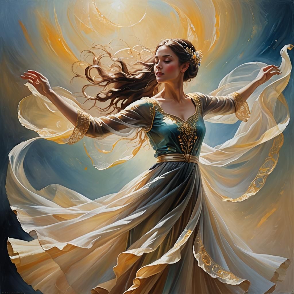 Veiled Dancer Twirling in Sunlight: Oil Painting