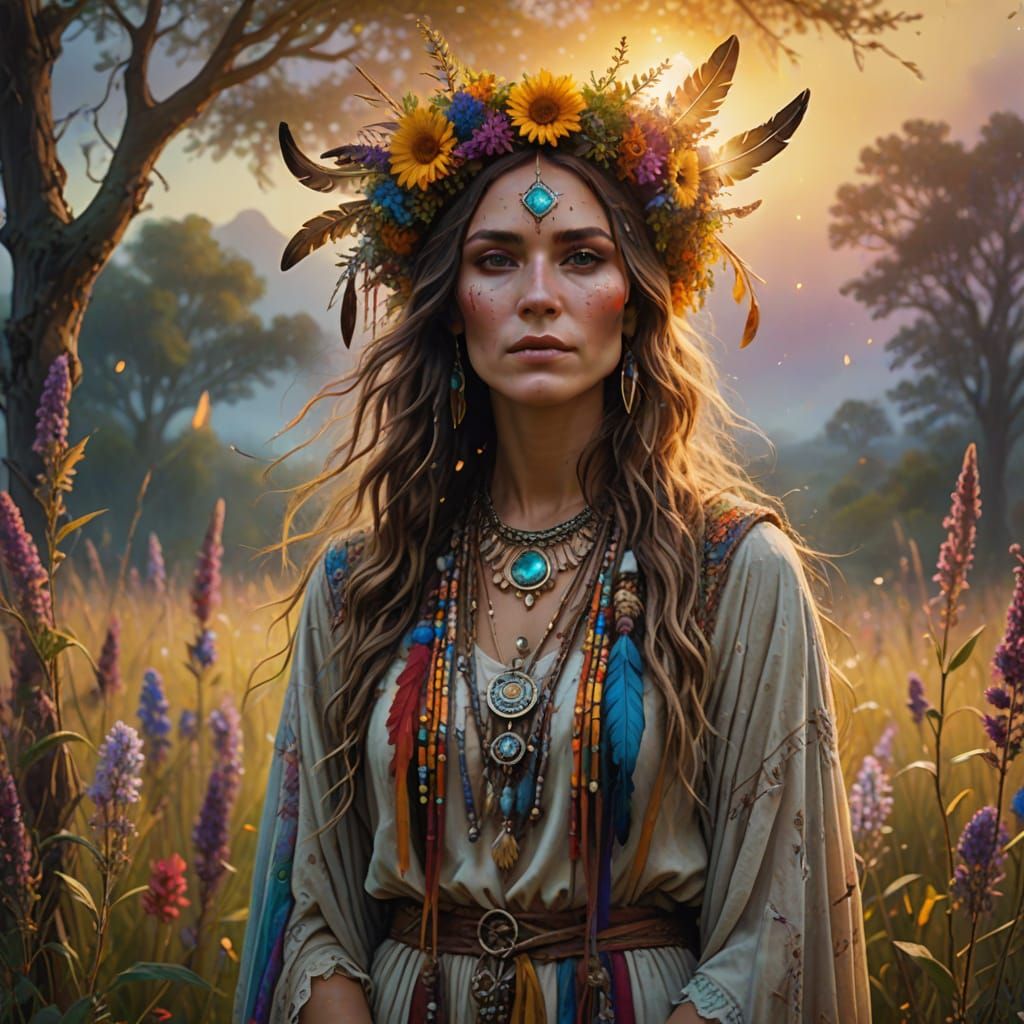 Bohemian Priestess in Surreal Meadow, Fantasy Art