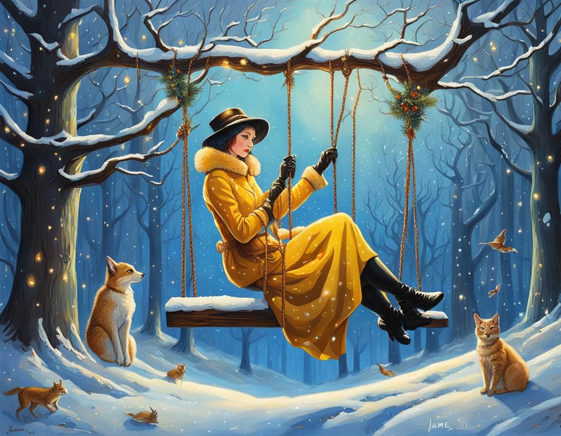 Sparkling Winter Lady on a Swing: Oil Painting