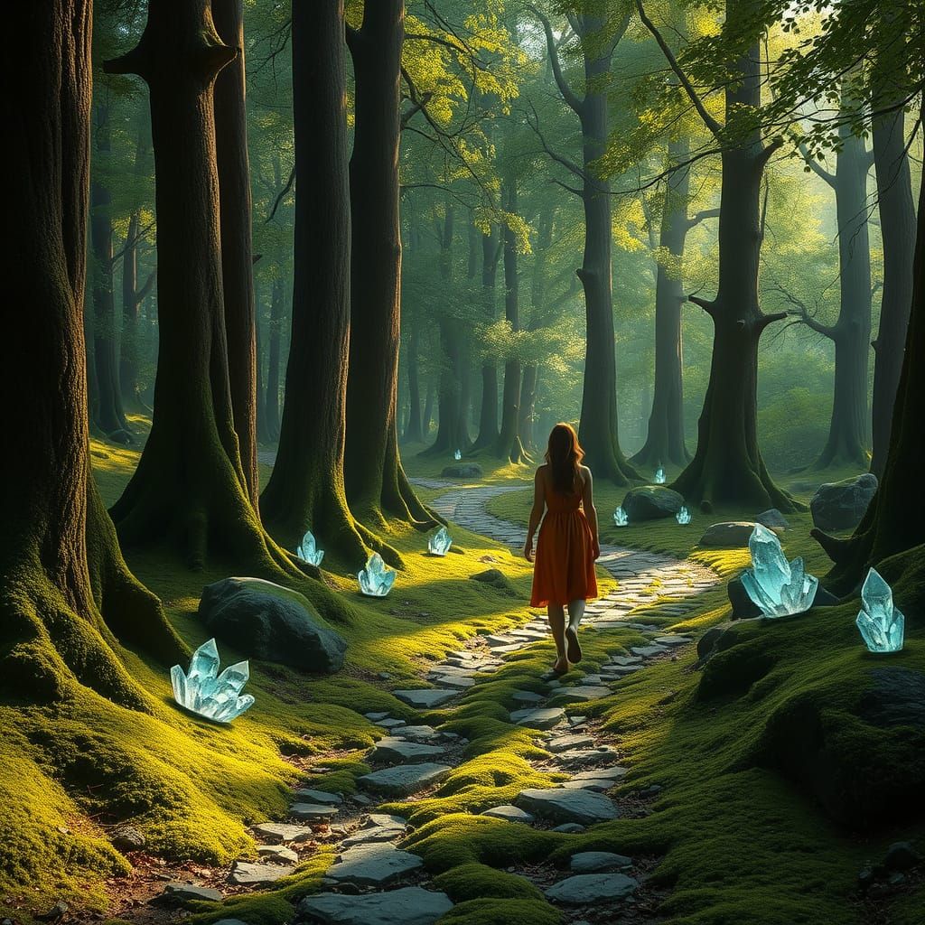 Mystical Forest Pathway in Whimsical Realism Style