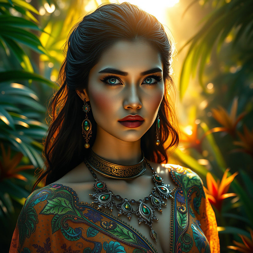 Stunning Woman in Futuristic Gown Amidst Tropical Forest
