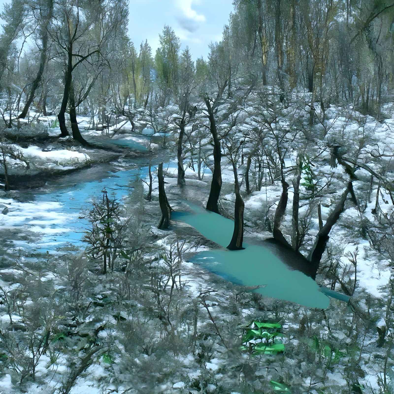 Detailed Winter Forest Scene by River