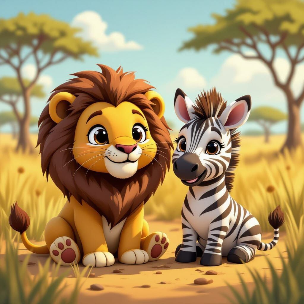 Cute Kawaii Lion and Zebra Friends in Savannah