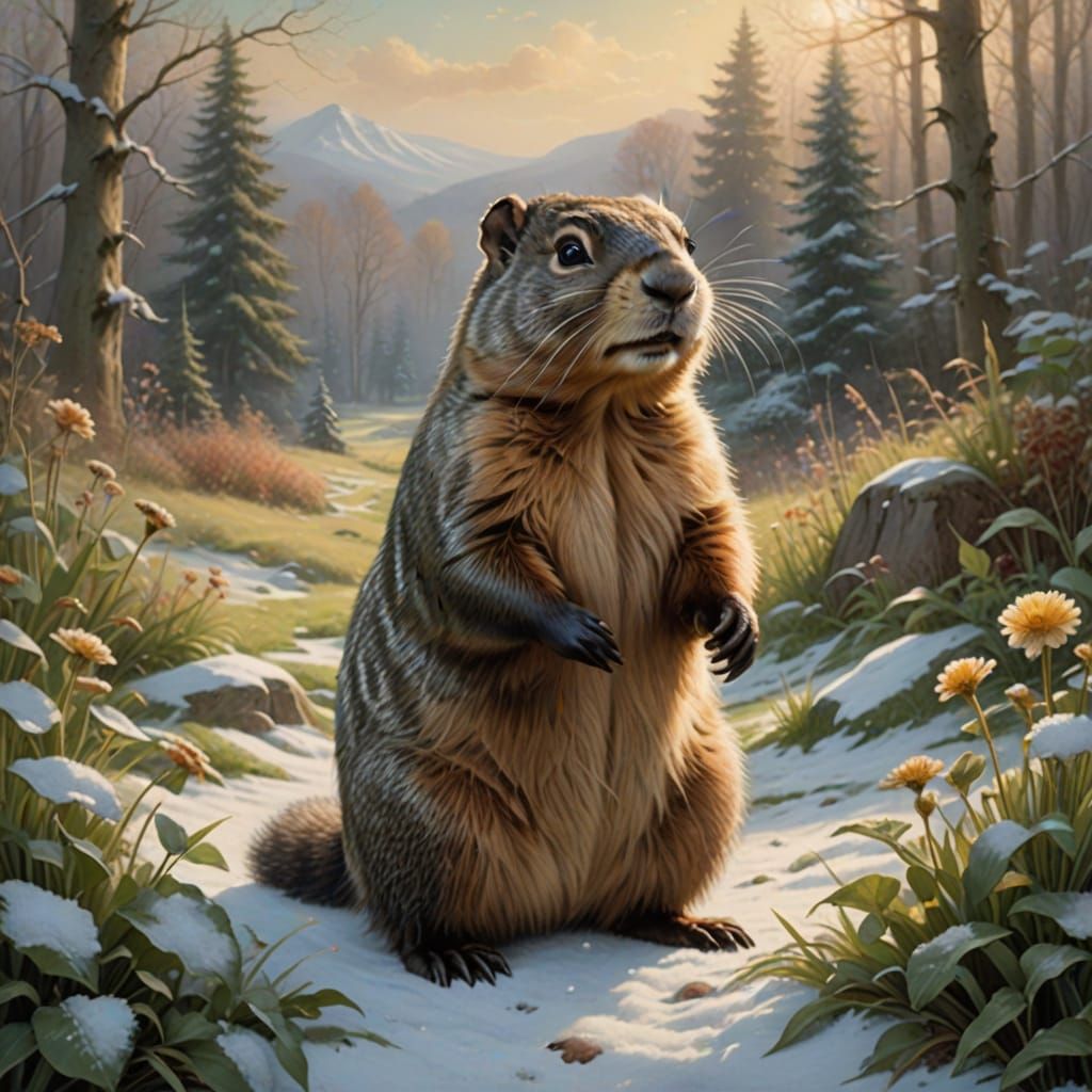 Winter Wonderland Groundhog Scene in Soft Focus