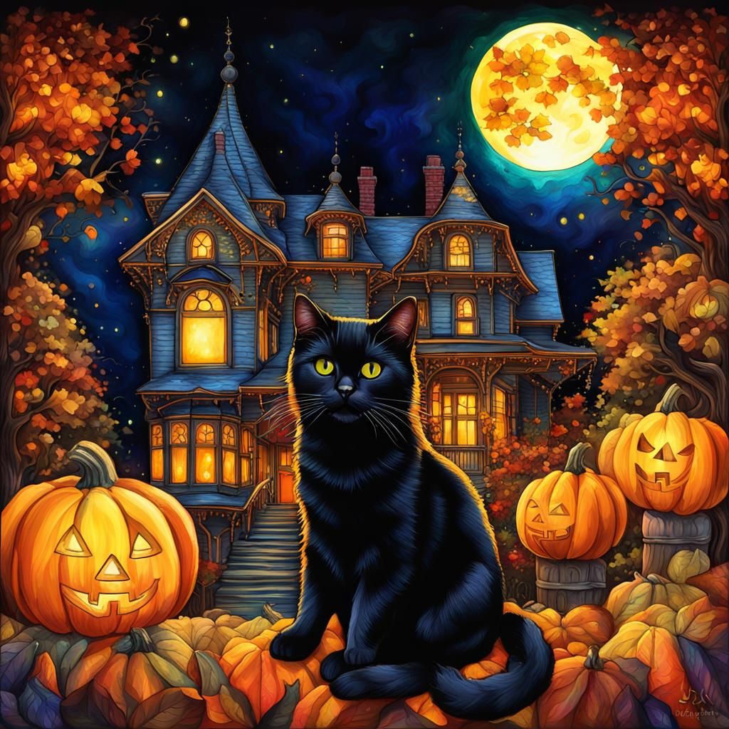 Silky Black Cat Under Autumn Moon