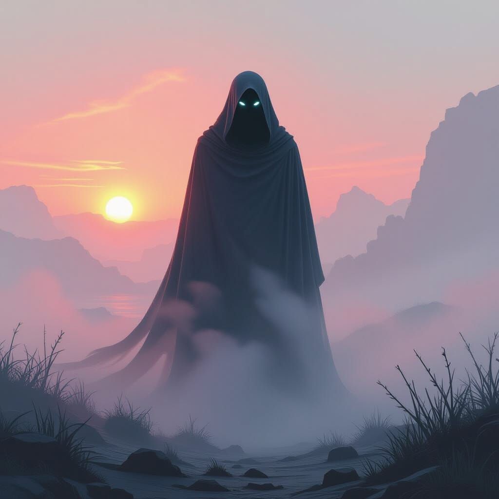 Dreamlike Figure in Mist with Futuristic Landscape