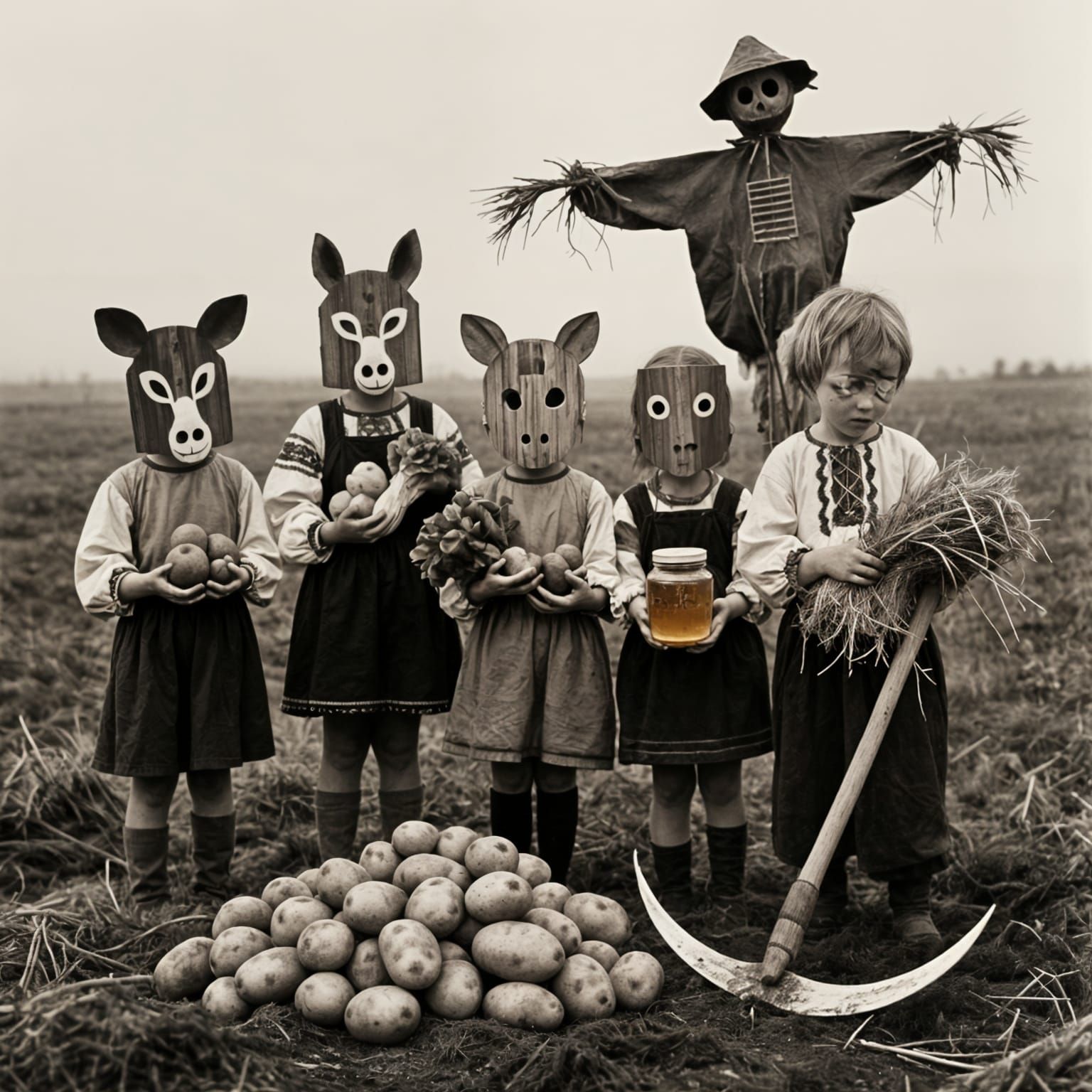 Eerie Children in Masks with Harvest Offerings