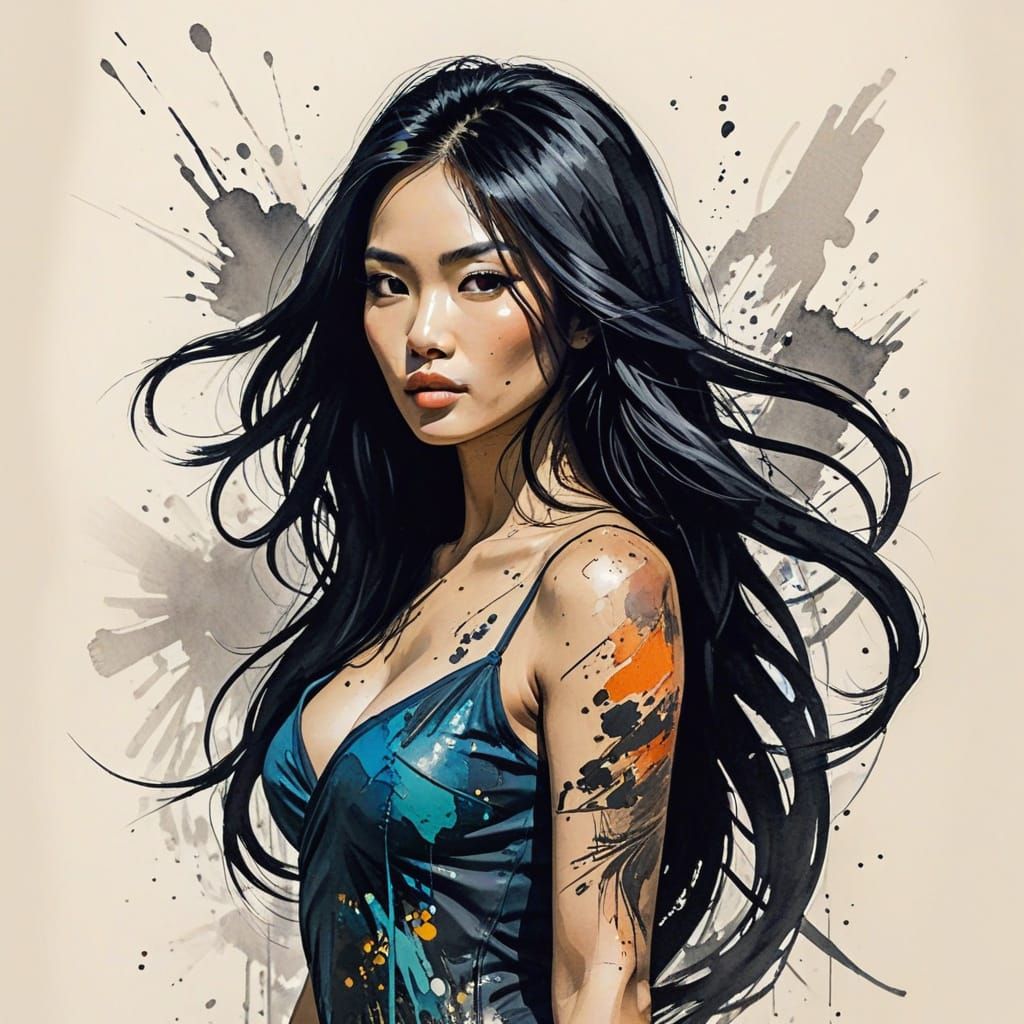 Abstract Asian Woman Drawing with Thrown Paint and Ink