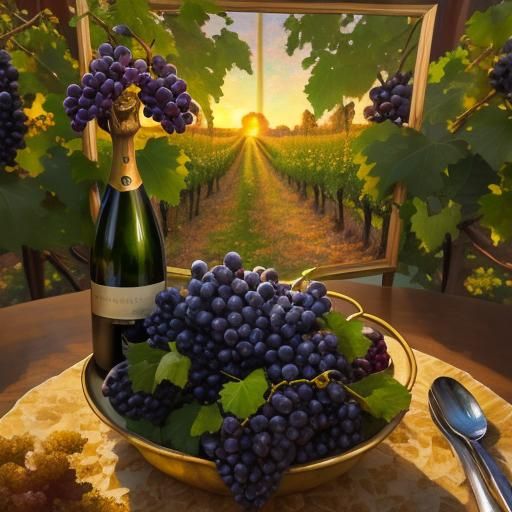 Sunset Vineyard with Champagne: An Impressionist Oil Paintin...