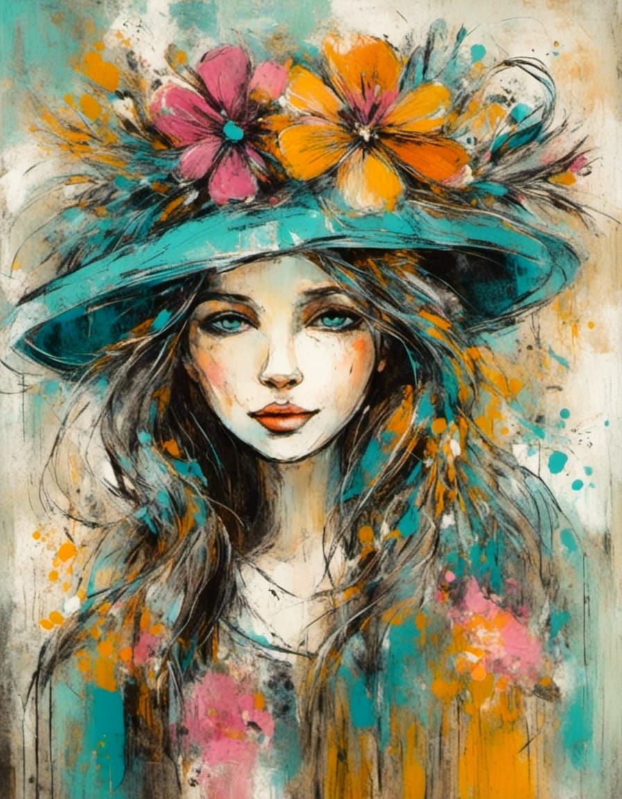 Whimsical Floral Girl in Neo-Expressionist Pop Art