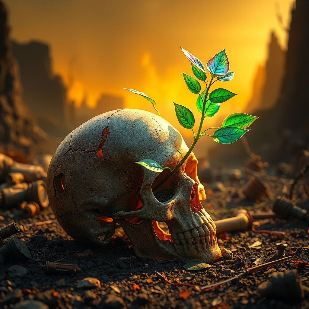 Resilient Plant Growing From Skull in Post-Apocalyptic Lands...