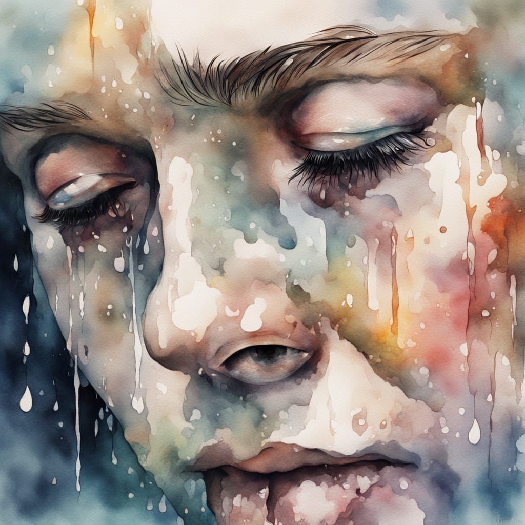 Surreal Crying Portrait in Watercolor Style