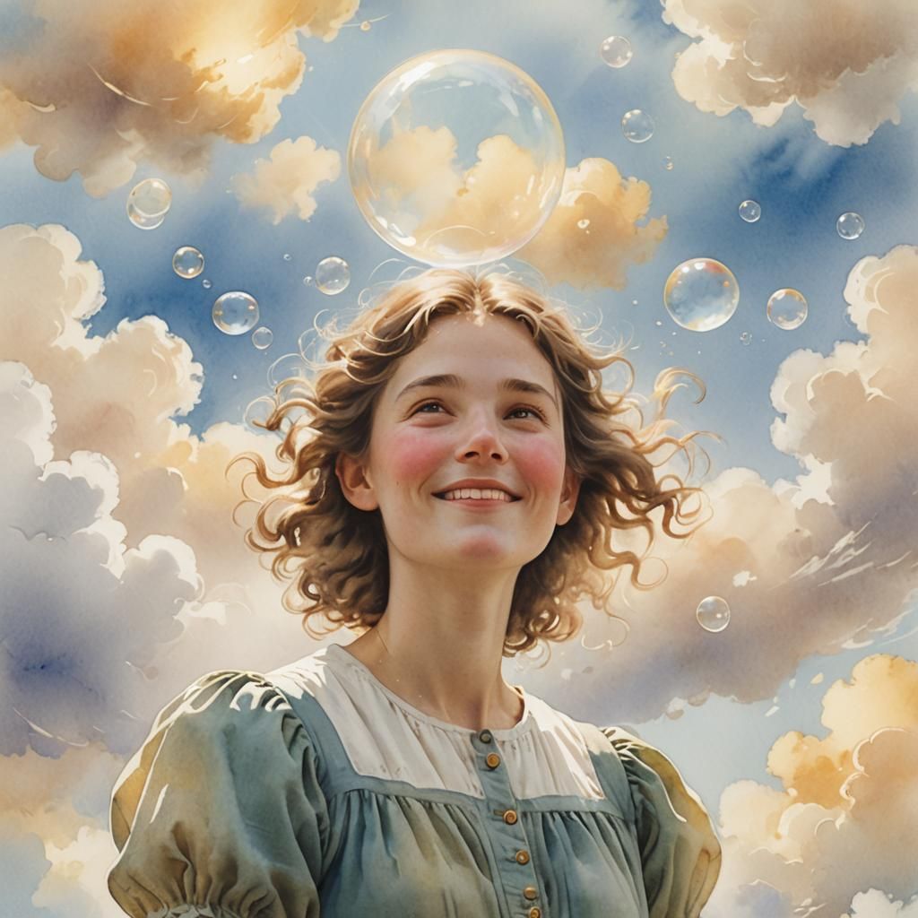 Ethereal Woman in Clouds: Watercolor Illustration